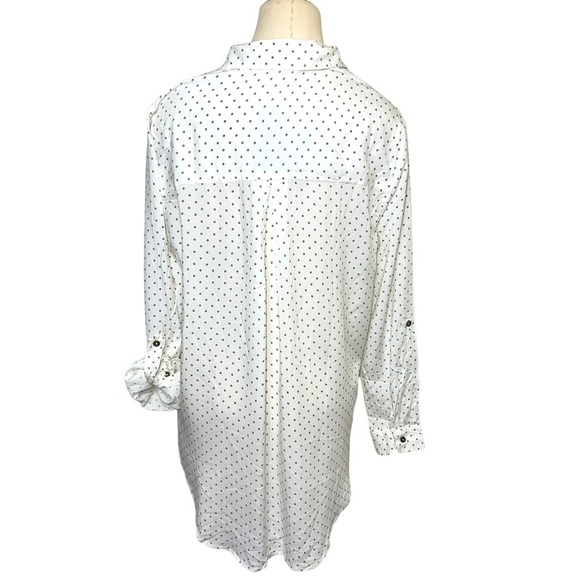 jane & Delancey White Flowy Blouse Button Down Brown Dots Relax Hi Low Tunic M - Picture 3 of 12